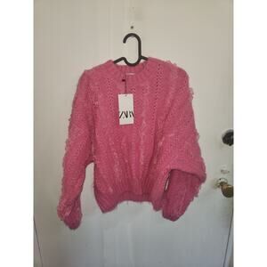 Zara pink ruffle lace  chunky knit sweater S NwT
